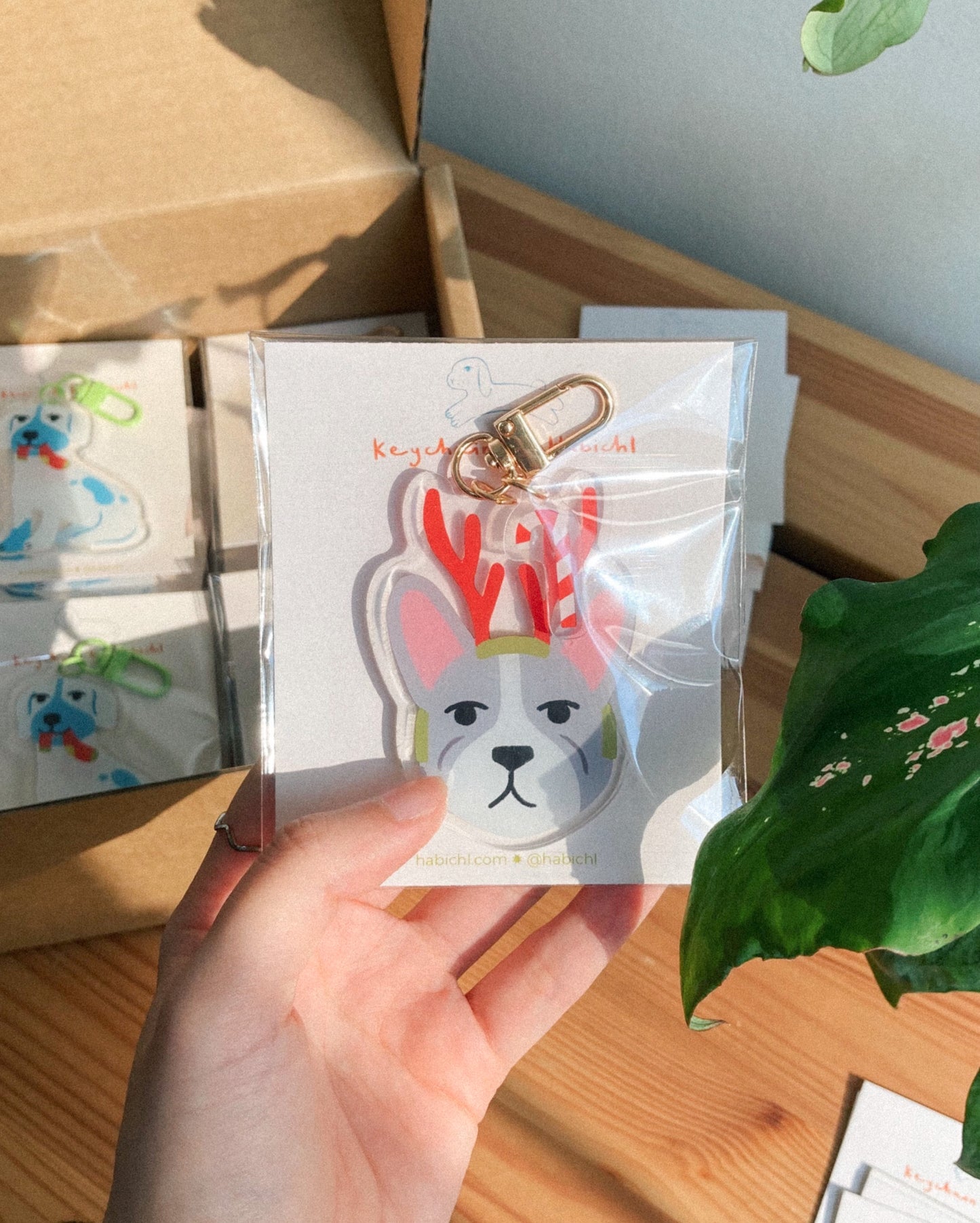 Grumpy Reindeer Frenchie Acrylic Keychain