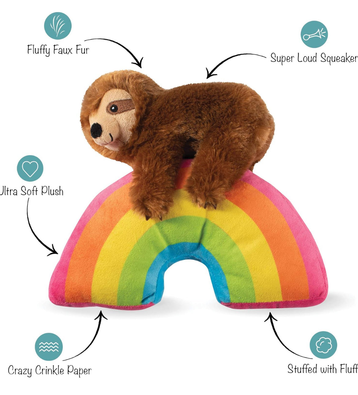 Ziggy Sloth On A Rainbow Squeaky Plush Toy